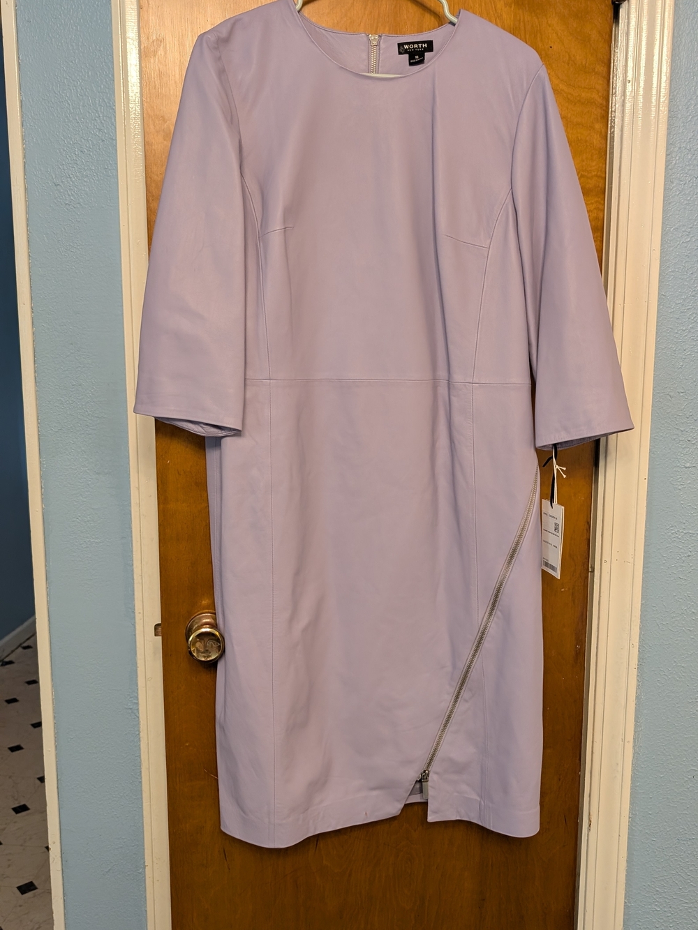 Worth Lilac Leather Shift Dress with Diagonal Zip Size 16